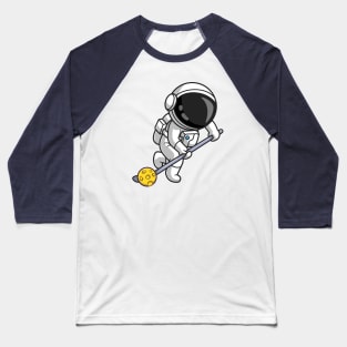 Cute Astronaut Playing Hockey Moon Cartoon Baseball T-Shirt